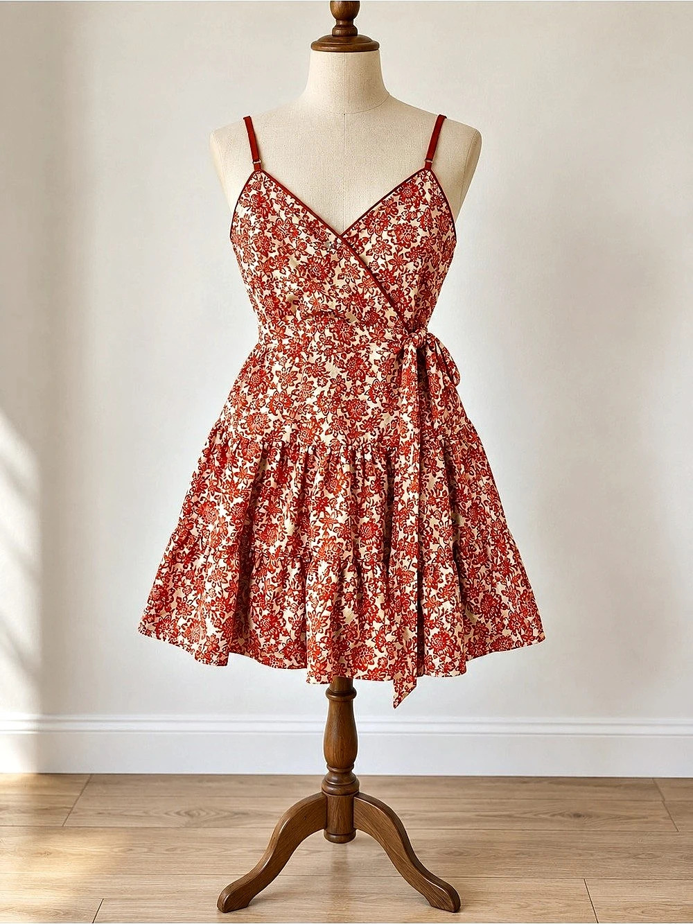 The Hand of the Bee Floral Wrap Mini Dress in Orange & White Size Large